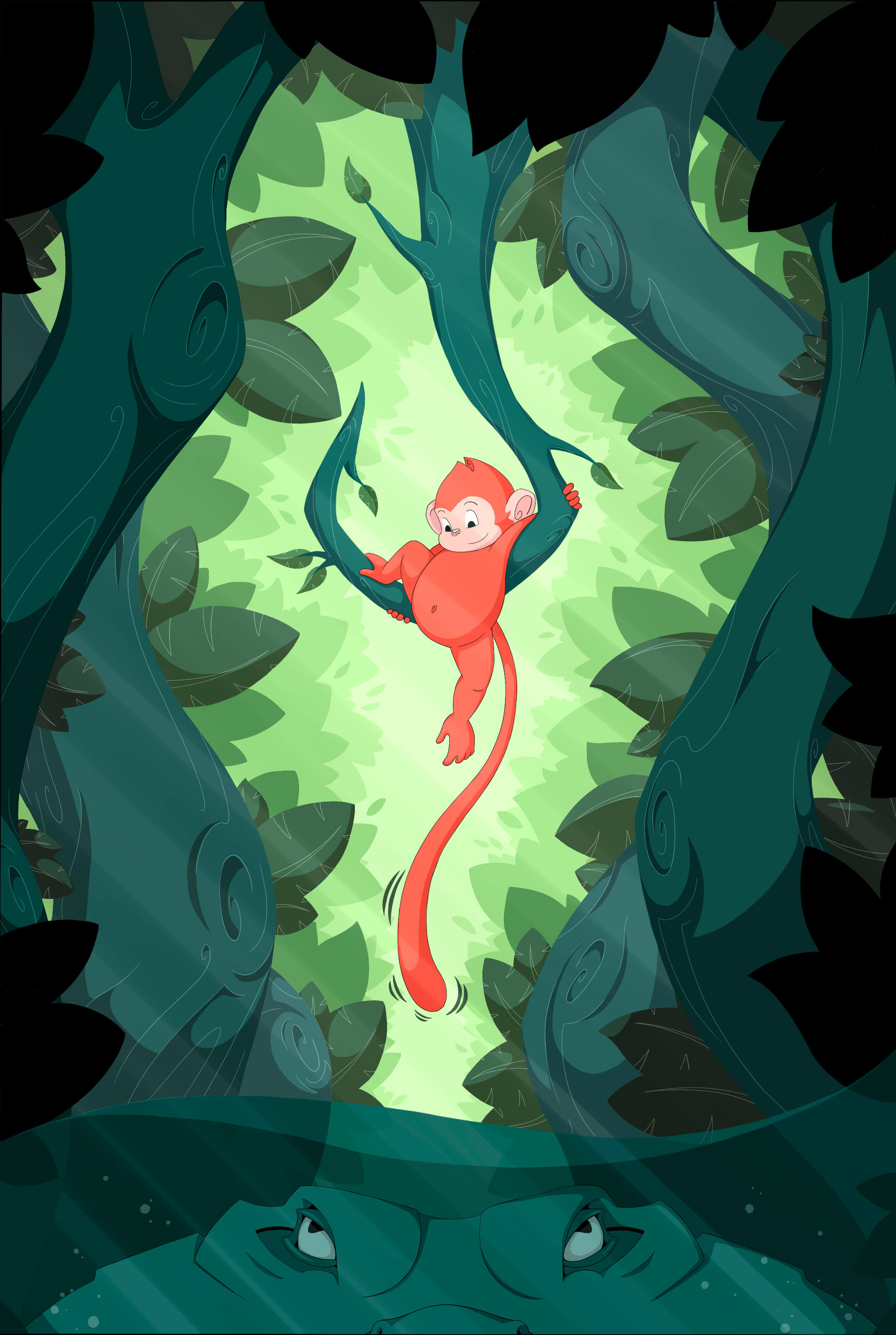 Illustration: A mischievous monkey hangs from a hook-shaped branch and dangles his tail to taunt the crocodile below him.