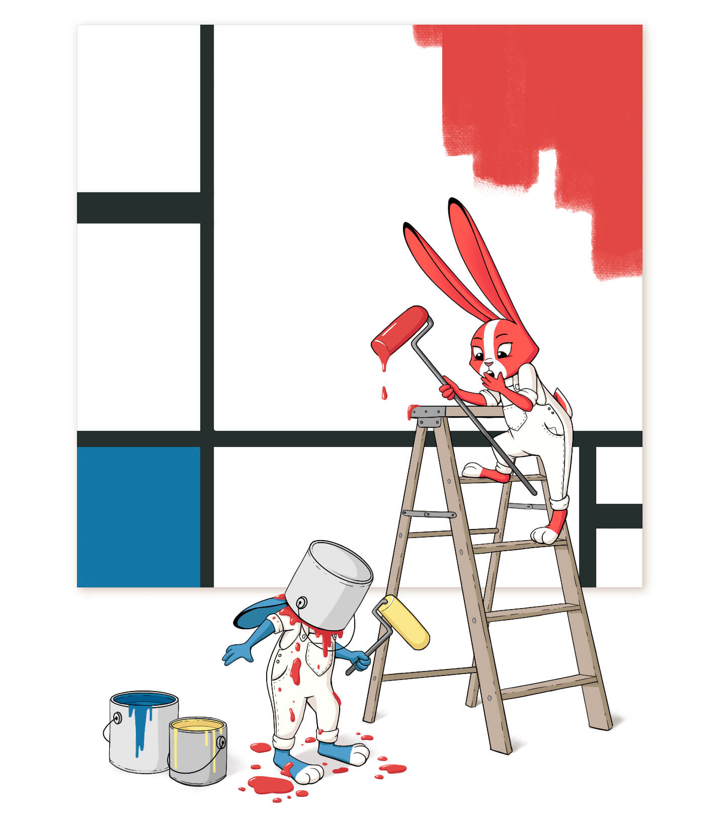 Illustration: A red rabbit and a blue rabbit are recreating one of Mondrian's painting on a giant canvas. The red rabbit, while standing on the ladder, has accidentally knocked the red paint can onto the blue rabbit's head.