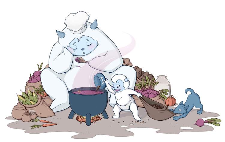Illustration: The yeti chef has fallen asleep, so baby yeti and a wolf pup have decided to add wolf kibble to the soup.